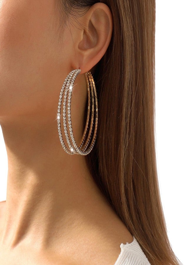 WFik 1Pair Luxury Crystal Large Hoop Dangle Earrings - Big Circle & Heart Rhinestone Statement Drop Earrings - Bridal Wedding Jewelry for Women (Hoop&gold) - Image 2